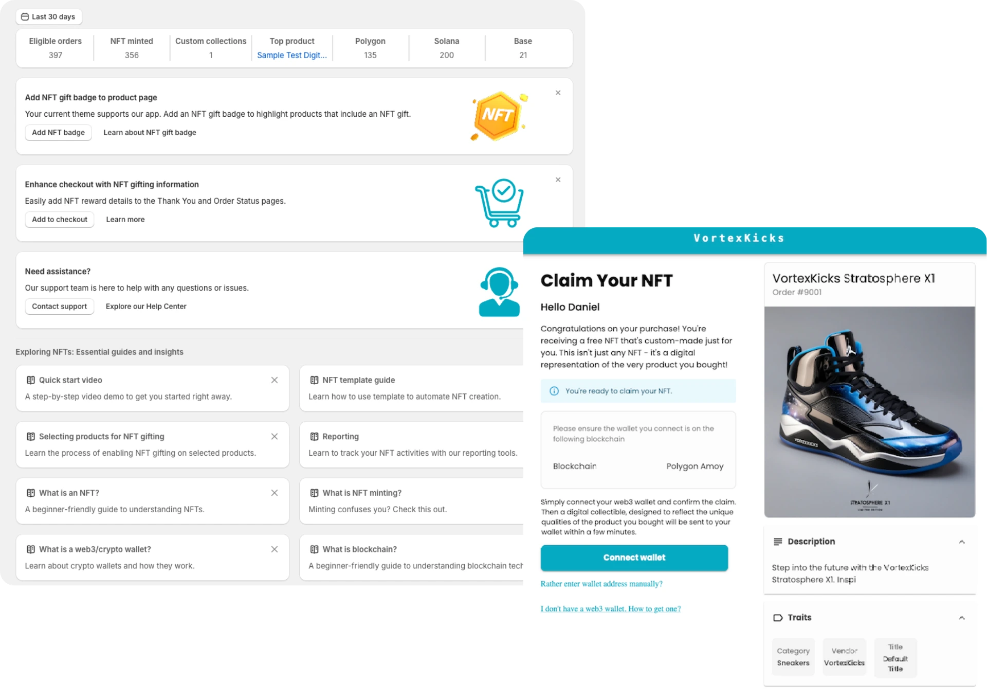 Metmos NFT Rewards Shopify app dashboard and NFT claim screenshots