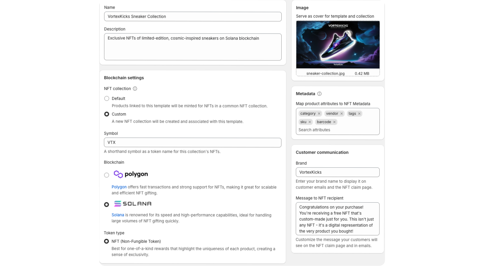 Metmos NFT Shopify app interface showing custom template creation