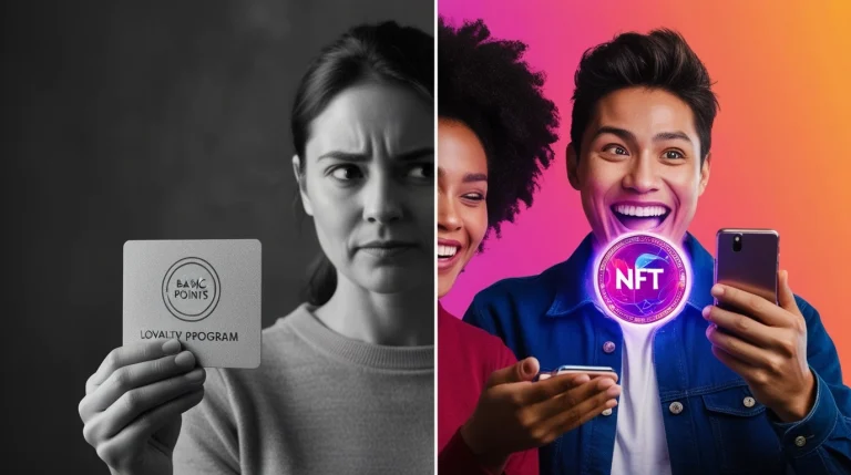 Happy customer with NFT in crypto wallet, comparing traditional points-based program.